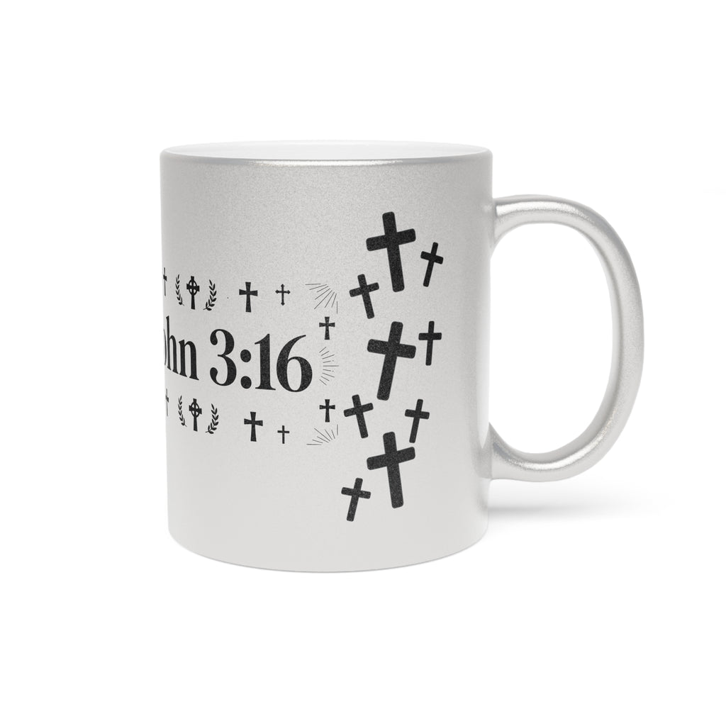 John 3:16 Cross Metallic Mug — Silver/Gold Religious Coffee Cup