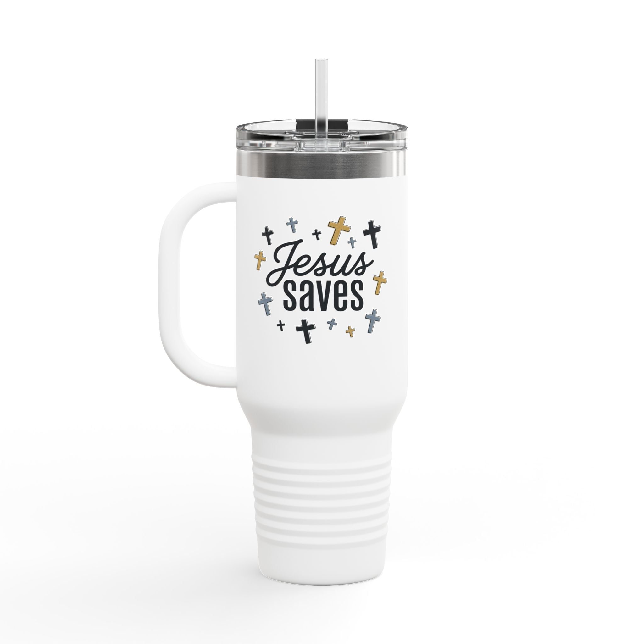 40oz Insulated Travel Mug — "Jesus Saves" Inspirational Cross Design