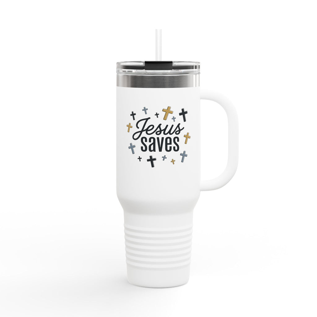 40oz Insulated Travel Mug — "Jesus Saves" Inspirational Cross Design