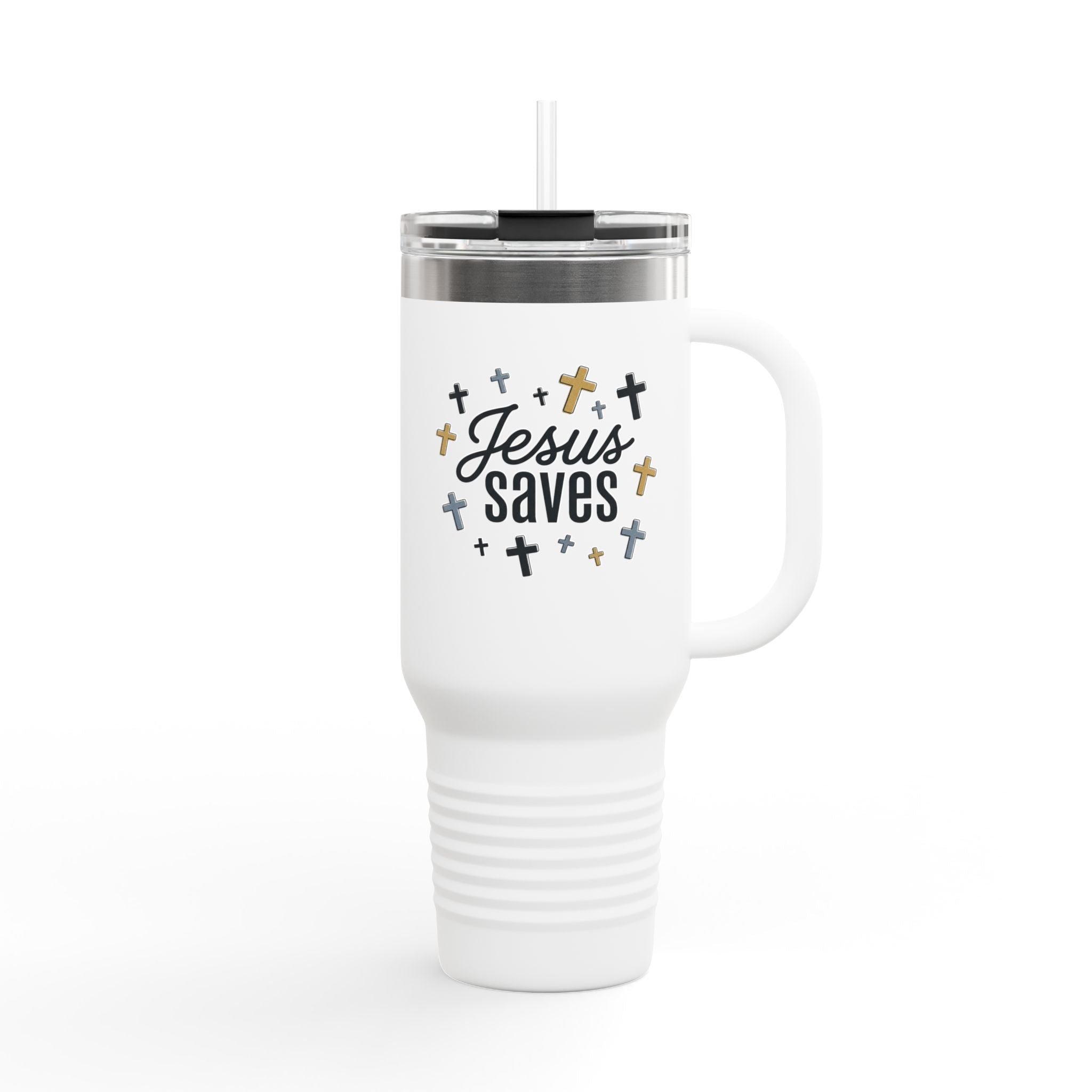 40oz Insulated Travel Mug — "Jesus Saves" Inspirational Cross Design