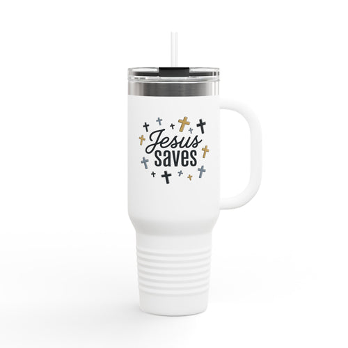 40oz Insulated Travel Mug — "Jesus Saves" Inspirational Cross Design
