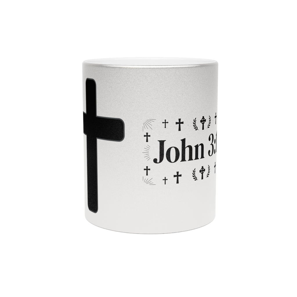 John 3:16 Cross Metallic Mug — Silver/Gold Religious Coffee Cup